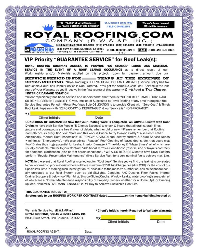 A roofing service contract titled 
